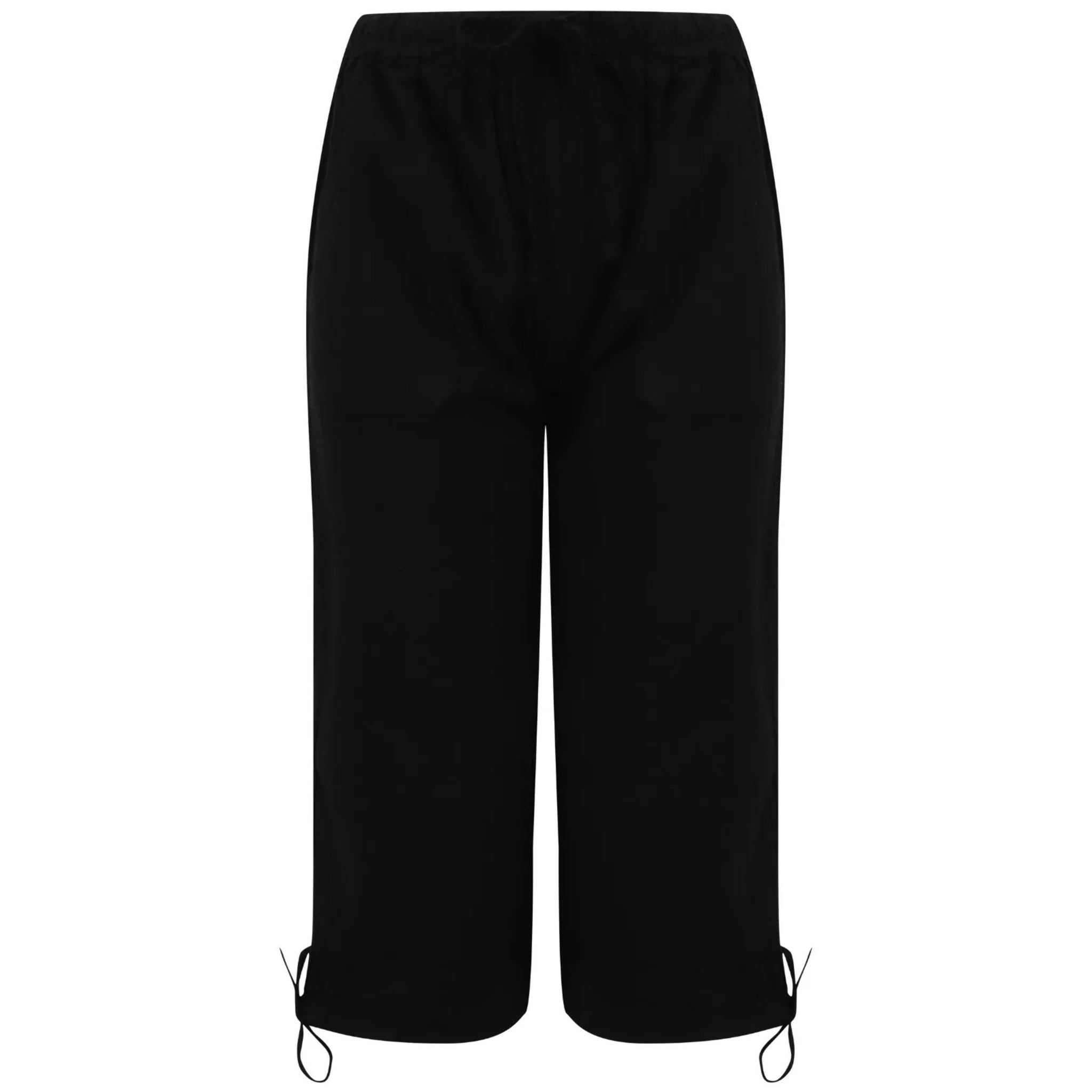 Ladies black 3/4 length pedal pusher shorts with drawstring waist and pockets